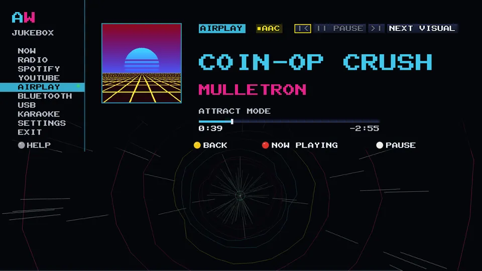 AirPlay on the Arcade WOW Jukebox: a demo song with its title, artist, sleeve and scrubber, and the visualiser running below