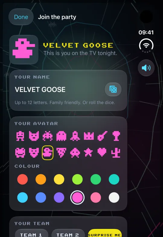 Joining a karaoke party in the Arcade WOW Jukebox app: a guest picks a name, an 8-bit avatar, a colour and a team