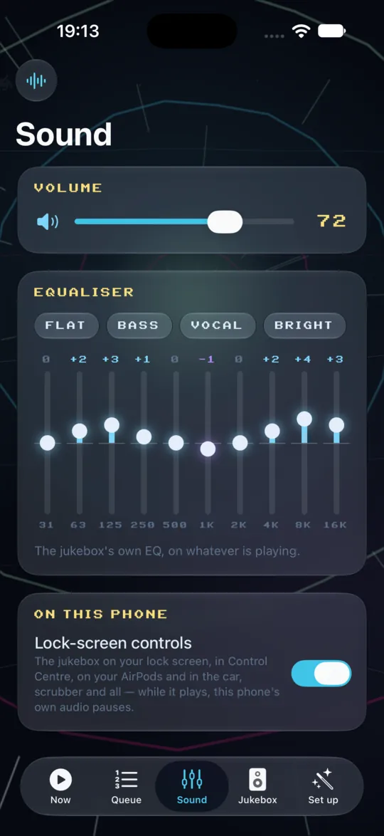 The Sound tab in the Arcade WOW Jukebox iPhone app: the jukebox volume, the equaliser with presets, and lock screen controls