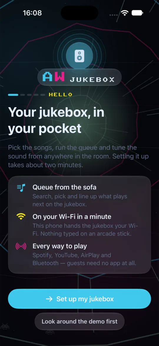 The Arcade WOW Jukebox iPhone app welcome screen: queue from the sofa, on your Wi-Fi in a minute, every way to play