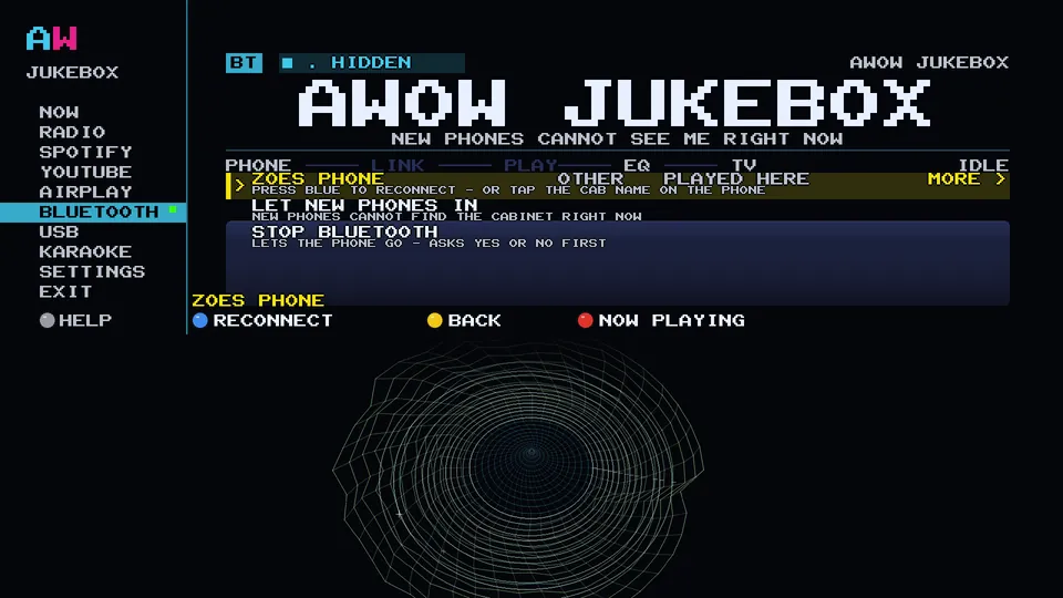 Arcade WOW Jukebox: the Bluetooth screen on the cabinet: the jukebox is hidden from new phones, with a remembered demo phone ready to reconnect