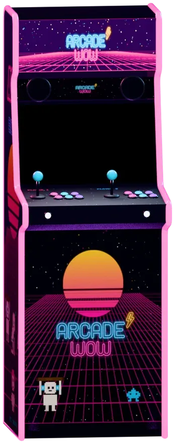 An ARCADE WOW arcade machine, home of the Arcade WOW Jukebox, with a pixel sunset and grid on its side art