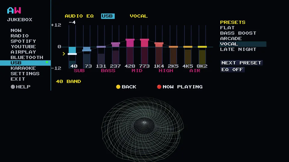 Arcade WOW Jukebox, AUDIO EQ on the cabinet: ten faders with the VOCAL preset selected and the preset list beside them