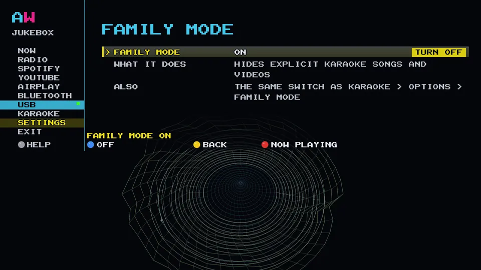 Arcade WOW Jukebox: the FAMILY MODE setting on the cabinet, turned on: it hides explicit karaoke songs and videos