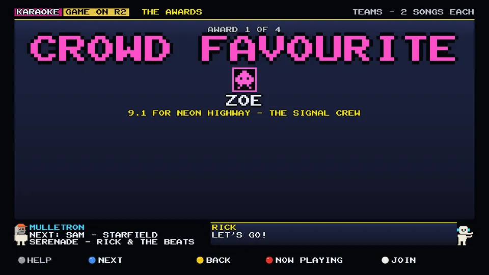 Arcade WOW Jukebox: an end-of-night award on screen: CROWD FAVOURITE, awarded to a demo player