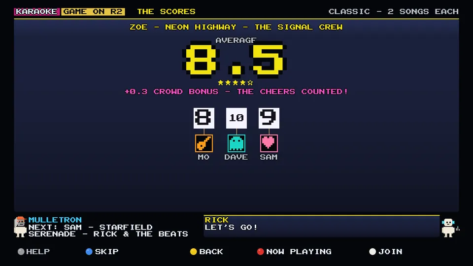 Arcade WOW Jukebox, GAME ON scores: an average of 8.5 with a crowd bonus for the cheers counted