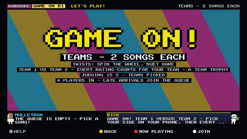 Arcade WOW Jukebox, GAME ON: the striped title card announcing teams, two songs each, and the twists for the round