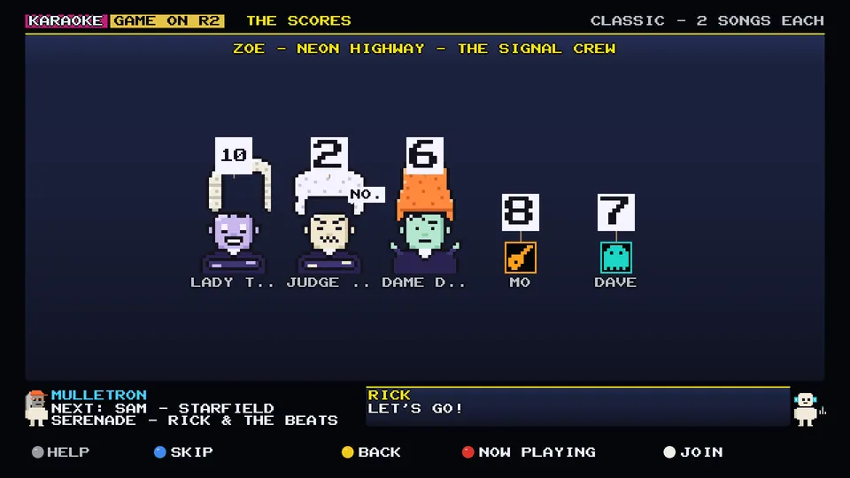 Arcade WOW Jukebox, GAME ON: the pixel judges in their wigs holding up their scores