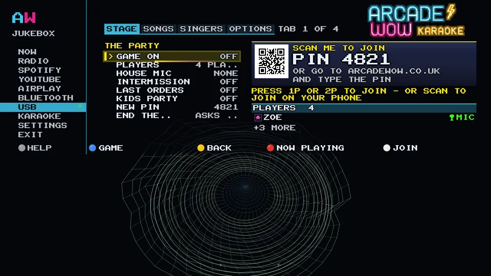 Arcade WOW Jukebox: the karaoke party lobby on the cabinet, with a visualiser running under the party settings and a join code for guests