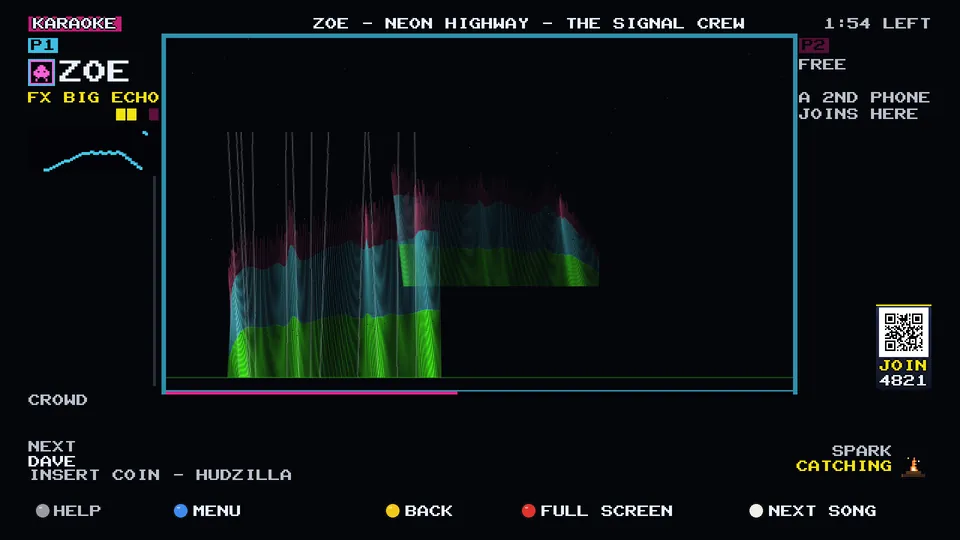 Arcade WOW Jukebox: a demo singer on stage with the mic effect BIG ECHO shown under their name