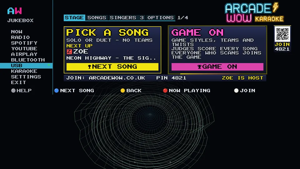 Arcade WOW Jukebox: the karaoke STAGE screen: PICK A SONG on one side, GAME ON on the other, and who is up next