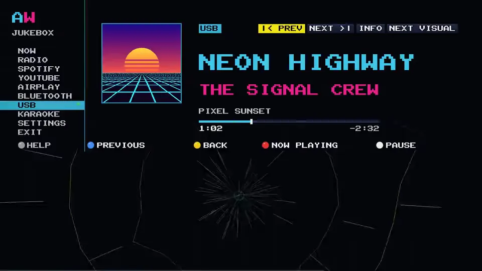 Arcade WOW Jukebox: the NOW screen moving through the colour themes, the rail, titles and visualiser changing colour