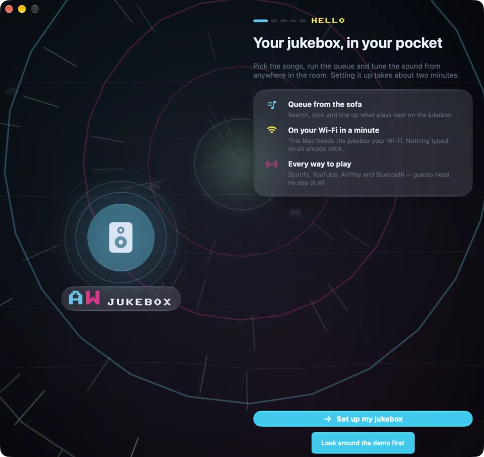 The Arcade WOW Jukebox Mac app welcome: your jukebox in your pocket, queue from the sofa, on your Wi-Fi in a minute