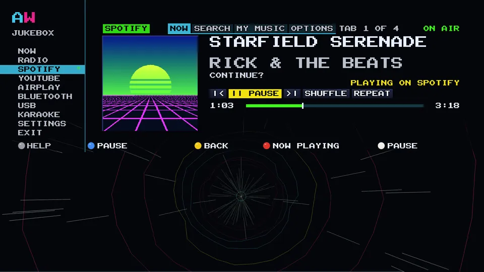 The Arcade WOW Jukebox Spotify screen in the PLAIN look: a demo song playing on Spotify with its sleeve, scrubber and up next
