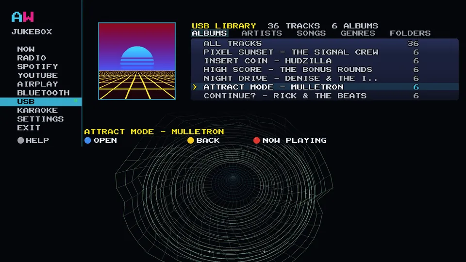 Arcade WOW Jukebox: the USB library on the cabinet: demo albums in a list with the selected album's cover art beside it