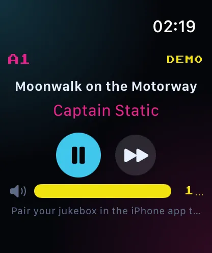 The Arcade WOW Jukebox Apple Watch app: the song and artist, play and pause, skip, and the jukebox volume on the Digital Crown