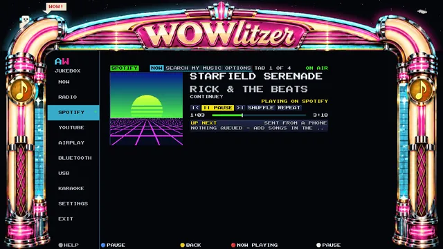 Arcade WOW Jukebox with the optional WOWLITZER frame switched on: a classic jukebox frame around the screen