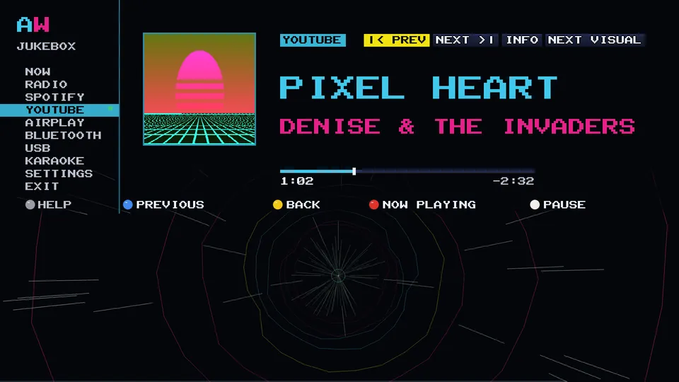 YouTube on the Arcade WOW Jukebox, played for listening: a demo song with a square record sleeve, title, artist and scrubber